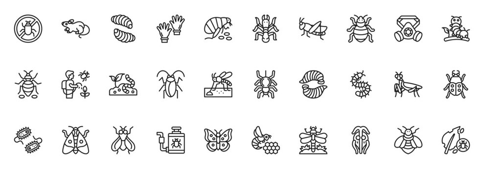 Pest Control icon collection line style. containing Pest Control,  gardening, Rats, Larva, Pest Control, Rubber Gloves, Flea, Termite, Grasshopper
