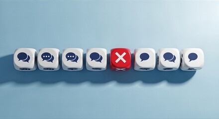 Conceptual image showing a row of dice with speech bubble icons and one dice with a red cross symbolizing communication block or message rejection
