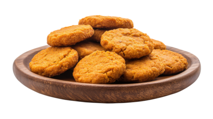 Wooden bowl filled with large pile of rustic homemade oat biscuits. Sweet snack.