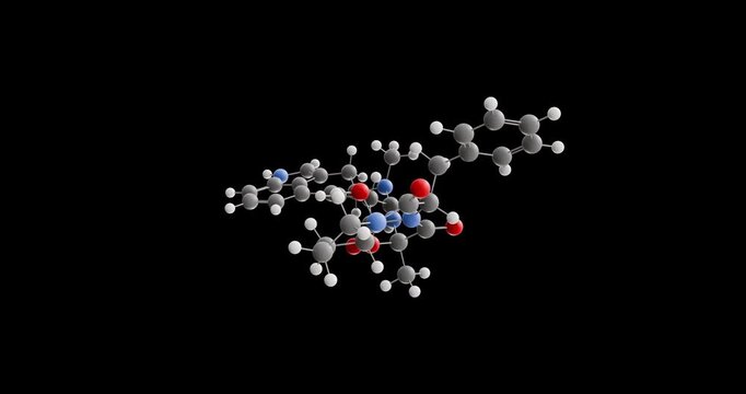 Ergotamine molecule, rotating 3D model of alkaloid, looped video on a black background
