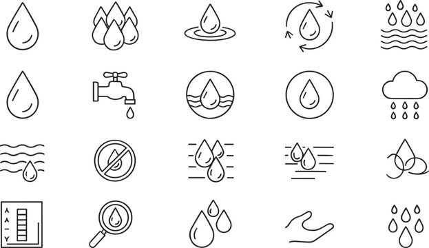 Water droplet and fluid icon set with rain tap recycle and liquid symbols for ecology weather and utility design