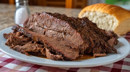 Tender slices of Texas style smoked Angus brisket release a savory steam, complemented by a warm loaf of bread on a checkered tablecloth, showcasing classic Southern flavors