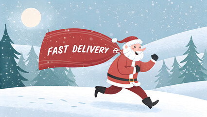Santa Claus With Red Banner Bag Running On Snow In Winter Landscape - Fast Delivery Present