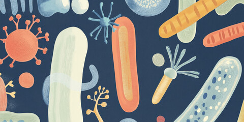 Microscopic view of colorful bacteria and microorganisms floating in a blue fluid. A vibrant, abstract representation of diverse bacteria and microbes in a fluid environment.