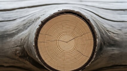 A closeup macro of a natural old wood texture reveals the brown circular rings and timber pattern on the cut surface of a forest tree stump cross section