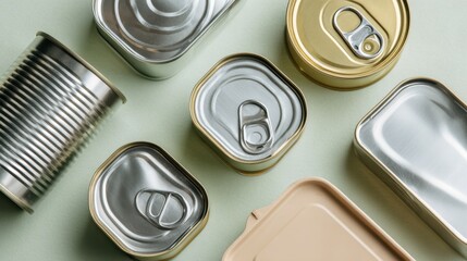 Variety of metal cans for food storage and preservation on a light background,Tin Can Day