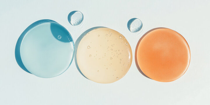 Three colorful cosmetic serum drops with tiny bubbles on a light blue background. A close-up overhead view of three distinct liquid gel textures in blue, yellow, and orange hues.