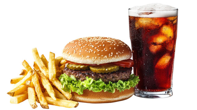 Fast food combo hamburger french fries iced cola beverage