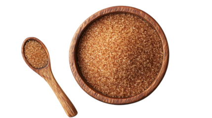Sweet brown sugar. natural sweetener. wooden bowl and spoon.