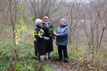 three adult retired women Happy senior women, outdoor travel. Senior female friends hiking together inBritish countryside. Two senior women walking outdoors in nature. Health and wellness for retired.