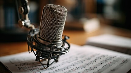 Vintage microphone in music studio setting with sheet music composition
