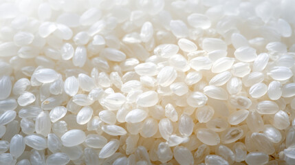 Close-up macro shot of uncooked white rice grains, showing texture and detail. A detailed view of raw, short-grain white rice, highlighting the individual kernels and their subtle translucence.