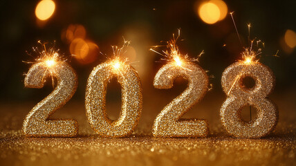Golden 2028 new year numbers with sparklers celebrating holiday