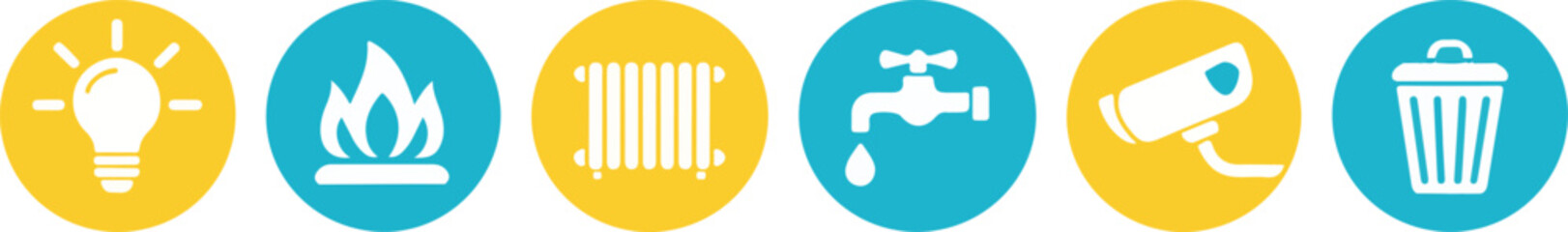 Set of utility icons in circular frames, representing essential home services like electricity, gas, heating, and water