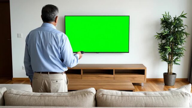 Man using remote control to interact with a green screen TV, Living room setup with couch and plant, Person watching television with blank screen