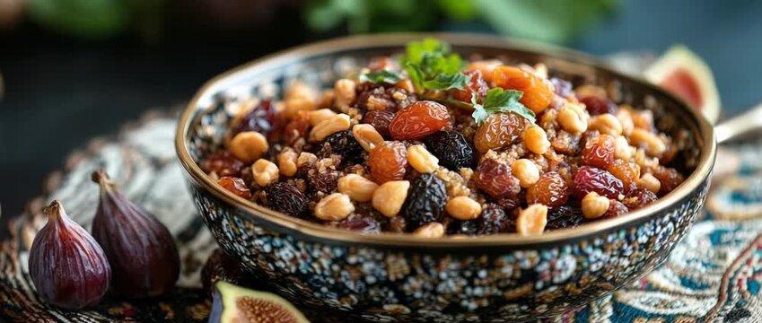 Close-up of a traditional Ashura dessert bowl, surrounded by dates, nuts, and figs on a decorative tablecloth.