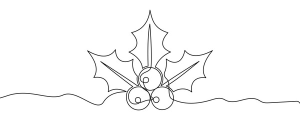 Holly or mistletoe branch with three pointed leaves and four berries. Drawing in one line art style with editable black stroke. Vector illustration