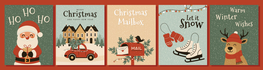 Christmas and New Year greeting card set with Santa Claus reindeer red car and winter elements. © Marina