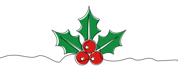 Holly or mistletoe branch with three pointed leaves and four berries, filled with green and red color. Drawing in one line art style with editable black stroke. Vector illustration