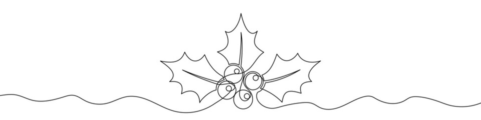 Holly or mistletoe branch with three pointed leaves and four berries. Drawing in one line art style with editable black stroke. Vector illustration