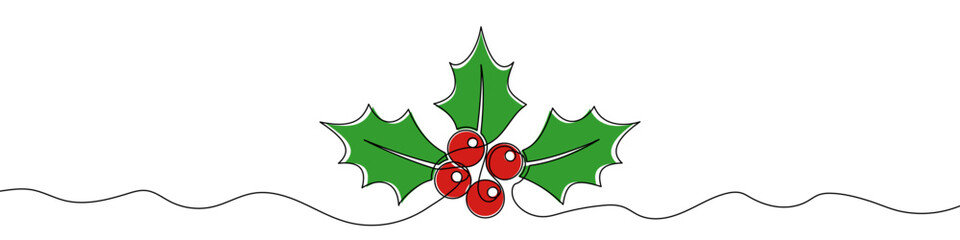 Holly or mistletoe branch with three pointed leaves and four berries, filled with green and red color. Drawing in one line art style with editable black stroke. Vector illustration