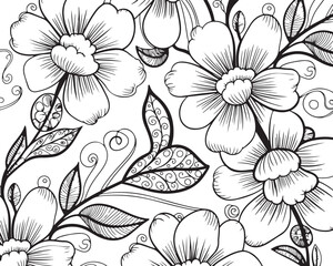 Seamless pattern with hand drawn creative artistic floral elements in black lines on transparent background for textile