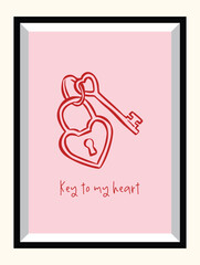 Whimsical Valentine&rsquo;s Day art poster in a frame with hand-drawn ink sketch love doodles and romantic love slogans.