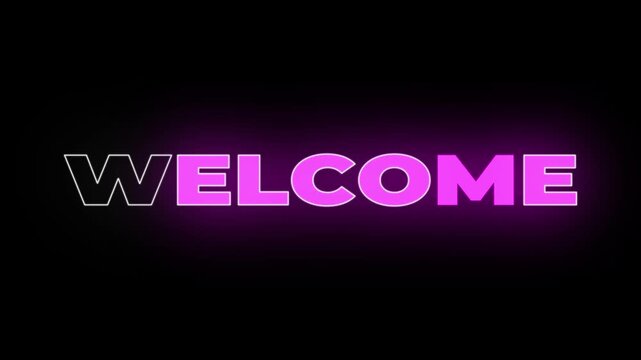 "Welcome" neon light text concept on the transparent background. Glowing large text concept looping animation. 4k video.