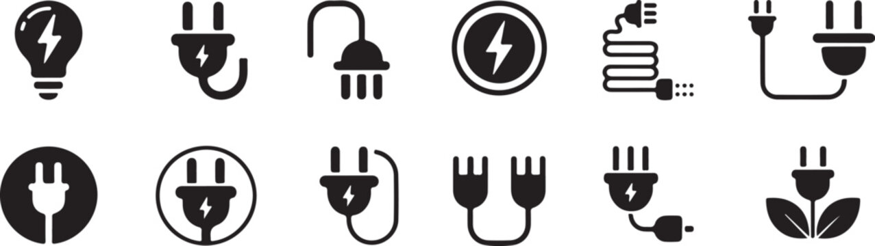 Set of electrical plugs and outlets icons, energy symbols, electricity connection, power supply on transparent background