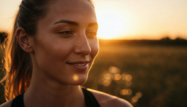 Close-Up Portrait of Woman Smiling Softly in Golden Hour Sunlight