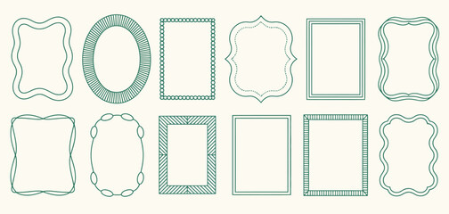 Vintage cute whimsical vector frames set, decorative elegant retro wavy curve striped borders for wedding invitation design, romantic cards, save the date templates, branding, stationery,