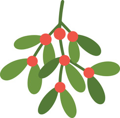 Mistletoe sprig with green leaves and red berries on transparent checkered background festive holiday decoration
