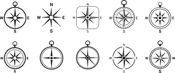 Collection of compass rose and wind rose icons with cardinal directions for navigation and direction finding tools
