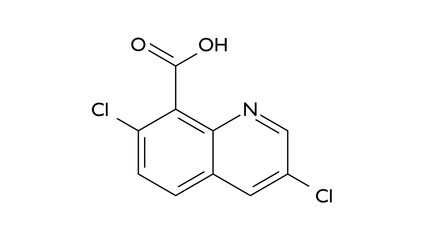 quinclorac molecule, structural chemical formula, ball-and-stick model, isolated image herbicide