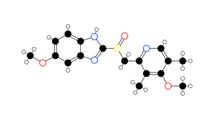 esomeprazole molecule, structural chemical formula, ball-and-stick model, isolated image proton pump inhibitor