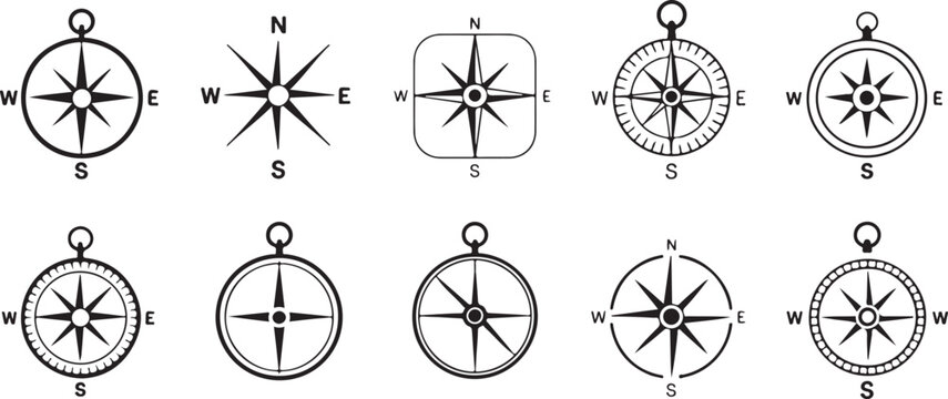 Collection of compass rose and wind rose icons with cardinal directions for navigation and direction finding tools