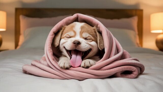 Cozy cute puppy cartoon wrapped in blanket with sleepy expression