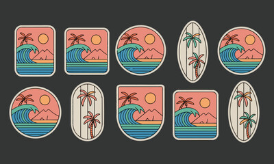 Collection of retro surf patches featuring ocean waves, palm trees, and sun in various oval and rectangular shapes