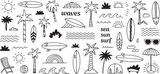 Set of hand drawn doodle surf elements including palm trees, waves, surfboards, and other beach related objects