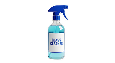 Blue Plastic Glass Cleaner Spray Bottle Product Shot with 'GLASS CLEANER' Label isolated PNG with Transparent Background