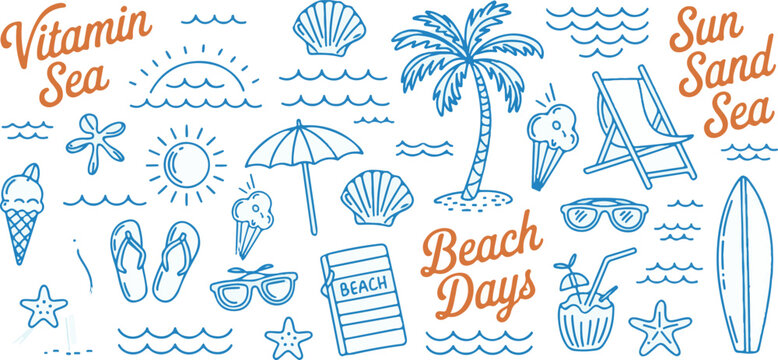 Summer beach vacation doodles and elements on transparent background