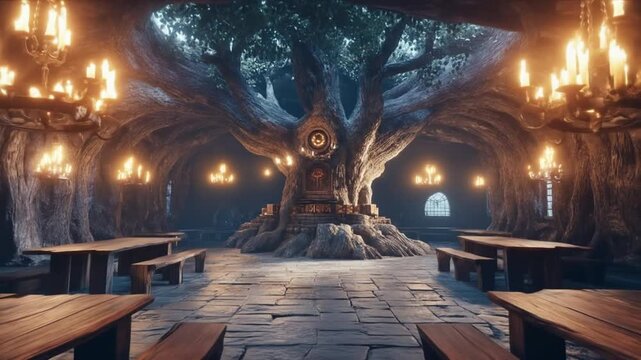 Grand interior view with wooden tables and a central tree structure