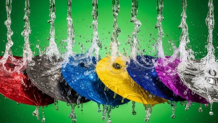 Cymbal splashes with colorful ink droplets against a green background