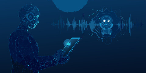 Artificial intelligence interface a human profile with digital data and robotic elements