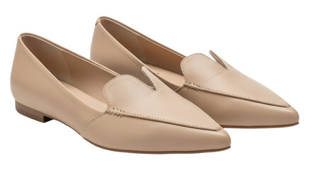 Elegant Nude Leather Pointed Toe Loafers Women's Flat Shoes Product Shot isolated PNG with Transparent Background