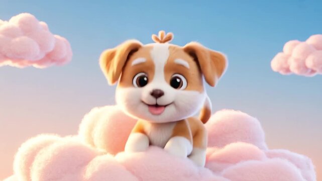 Dreamy cute puppy cartoon sitting on fluffy cloud in pink sky