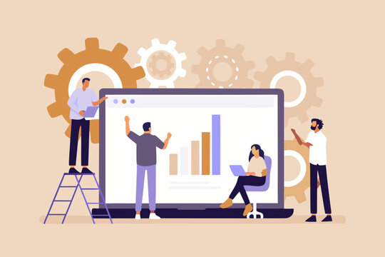 Team collaboration and data analysis with technology and gear illustrations