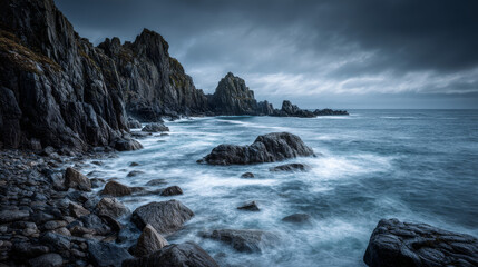 A dramatic seascape featuring rugged cliffs and turbulent waves under a moody sky, creating an intense and captivating atmosphere.