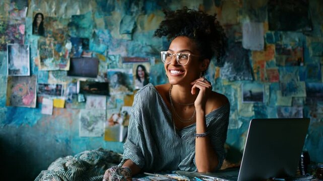 A joyful artist smiles brightly in a creatively decorated workspace filled with vibrant art and personal touches, embodying inspiration, creativity, and self-expression through her relaxed demeanor.