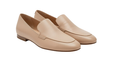 Stylish Pair of Beige Nude Leather Loafers Flat Shoes Product Shot isolated PNG with Transparent Background